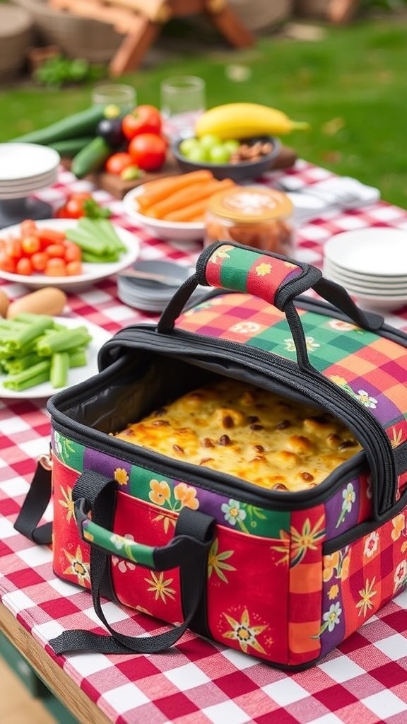 A colorful insulated casserole carrier with a baked dish inside, placed on a picnic table.